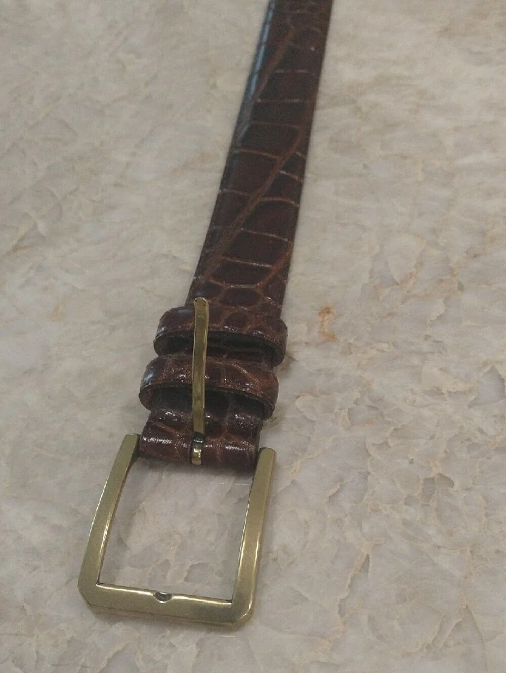 Brown Croc-Embossed Leather Belt with Gold Buckle